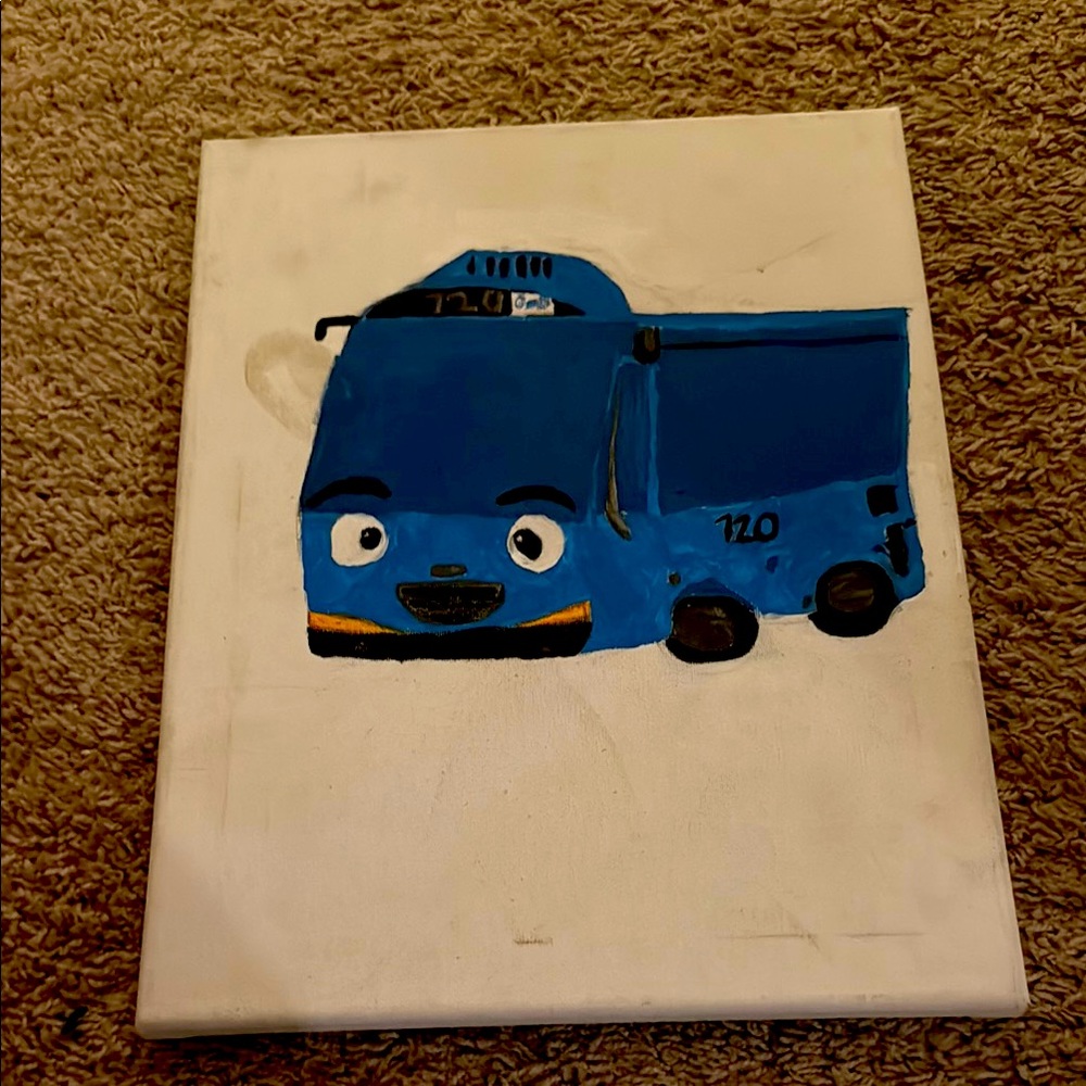 Blue Cartoon Bus Canvas Art